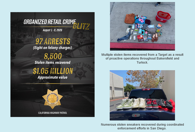 California Highway Patrol personnel beside an organized retail crime results display